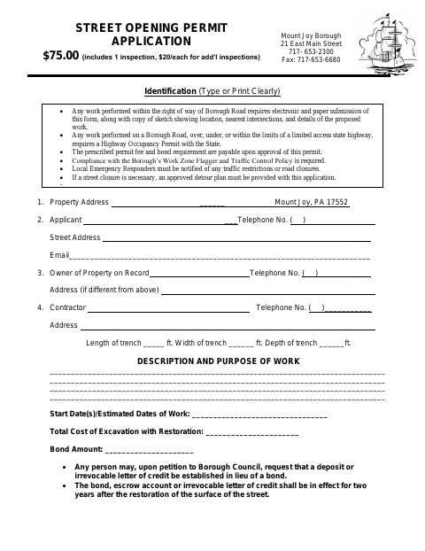 First page of the Street Opening Permit Application