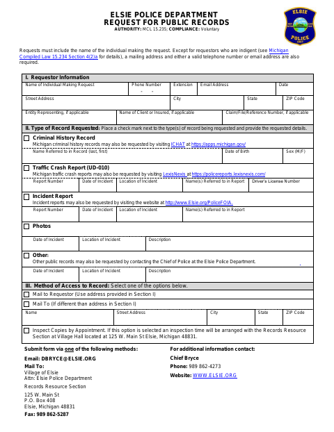 First page of the Police Department Request for Public Records