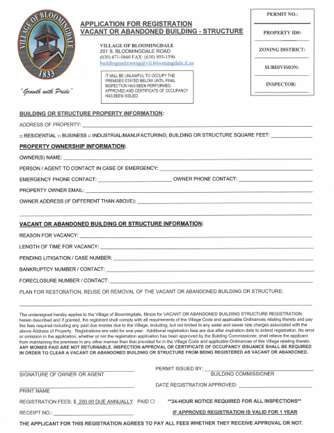 First page of the Application for Registration for Vacant or Abandoned Building or Structure