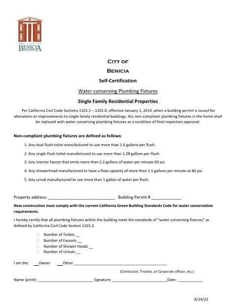First page of the Water-Conserving Plumbing Fixtures Self-Certification
