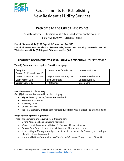 First page of the New Residential Utility Service Application