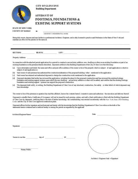First page of the Affidavit of Footings, Foundations and Existing Support Systems