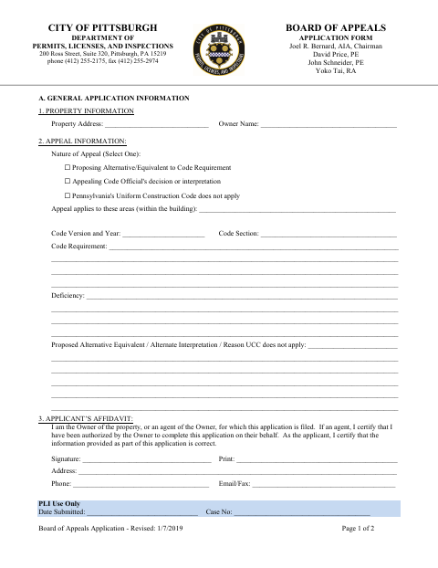 First page of the Board of Appeals Application Form