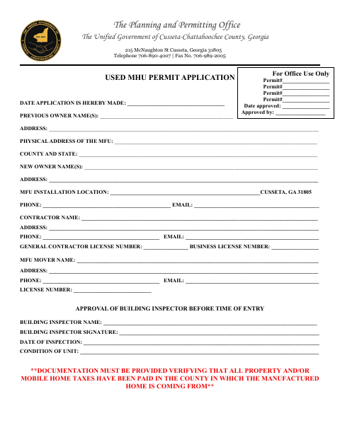 First page of the Used Manufactured Home Permit Application