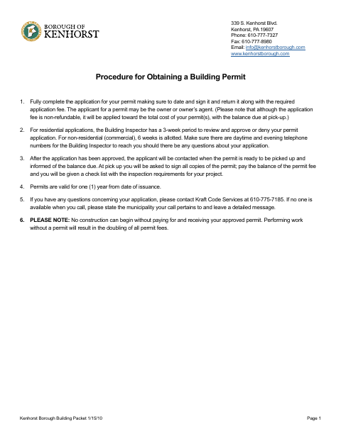 First page of the Building Permit Packet