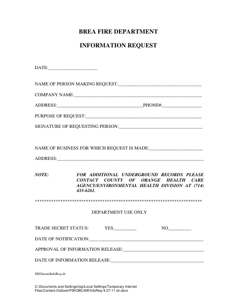 First page of the Fire Department Information Request