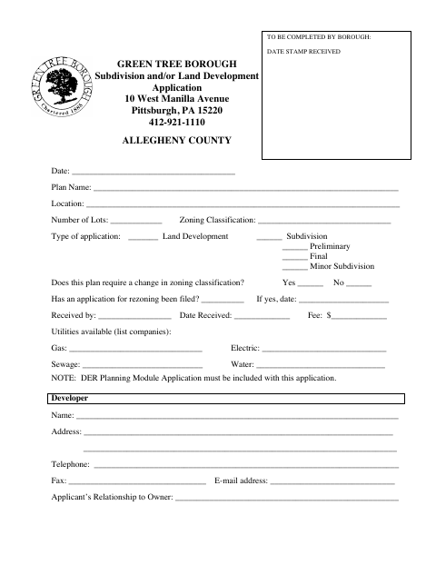 First page of the Subdivision and/or Land Development Application