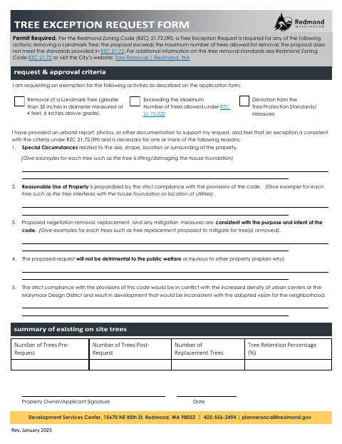 First page of the Tree Exception Form
