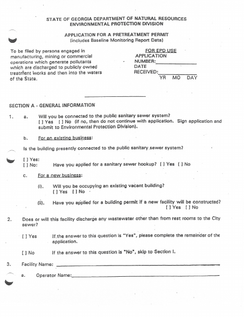 First page of the Application for a Pretreatment Permit