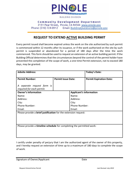 First page of the Request to Extend Active Building Permit