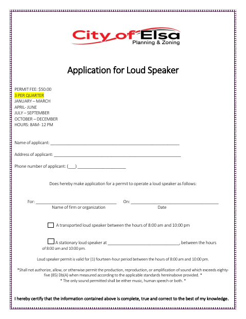 First page of the Loud Speaker Permit Application