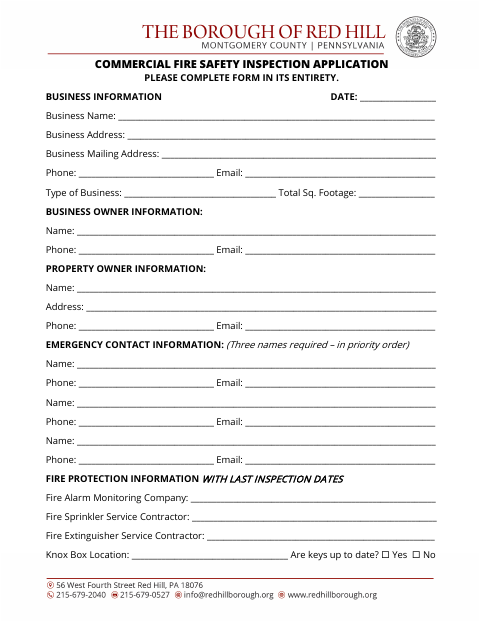 First page of the Commercial Fire Safety Inspection Application