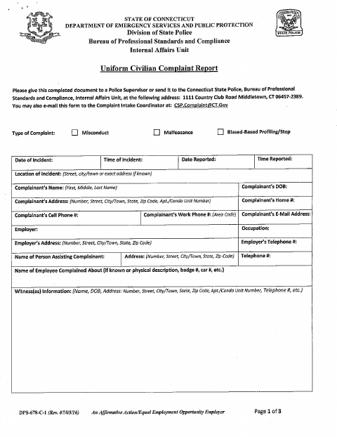 First page of the Uniform Civilian Complaint Report