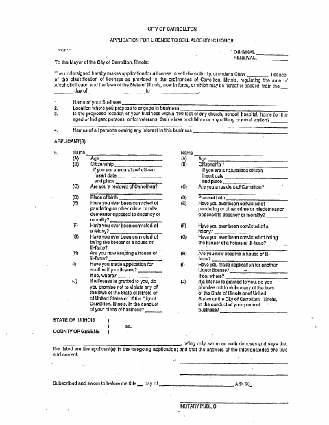 First page of the Application for License to Sell Alcoholic Liquor