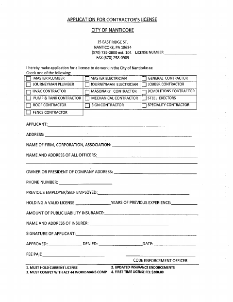 First page of the Contractor’s License Application