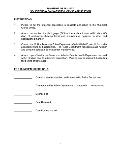 First page of the Solicitors & Canvassers License Application