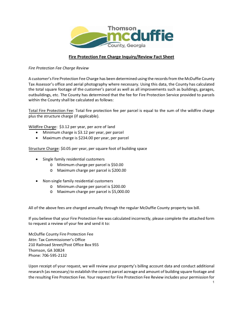 First page of the Fire Protection Fee Charge Review Application