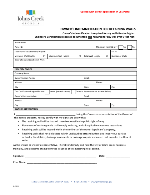 First page of the Owner's Indemnification for Retaining Walls
