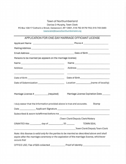 First page of the One-Day Marriage Officiant License Application