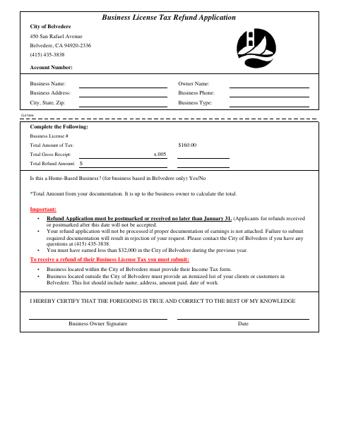 First page of the Business License Tax Refund Application