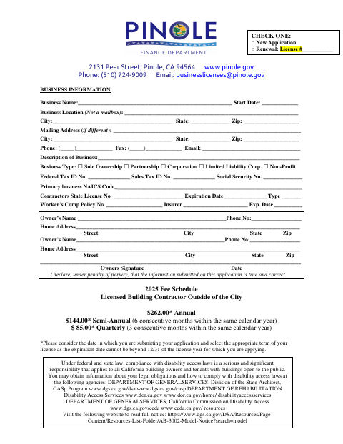 First page of the Business License Application—Licensed Building Contractor Outside
