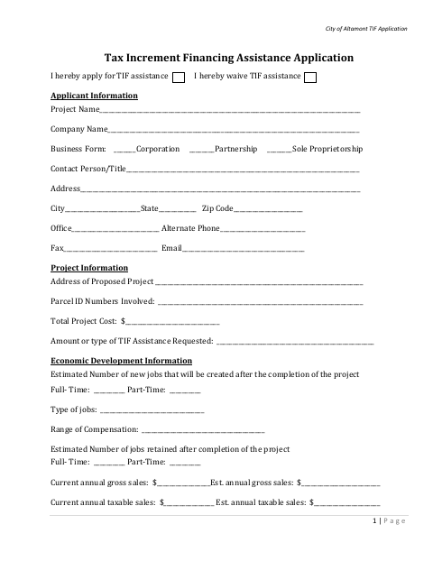 First page of the Tax Increment Financing Assistance Application
