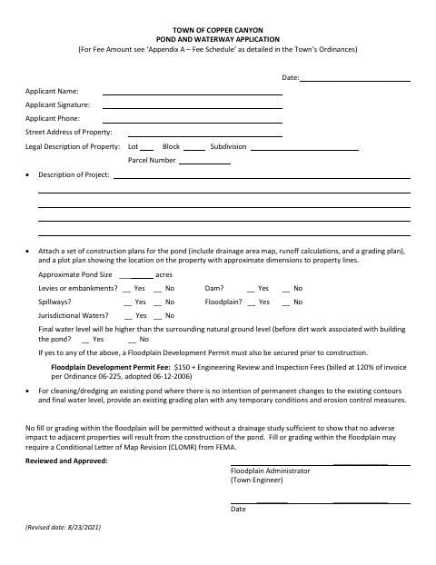 First page of the Pond and Waterway Application