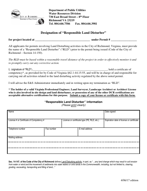 First page of the Designation of Responsible Land Disturber