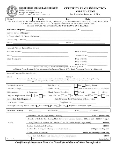 First page of the Certificate of Inspection Application