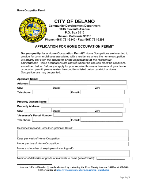 First page of the Home Occupation Permit Application