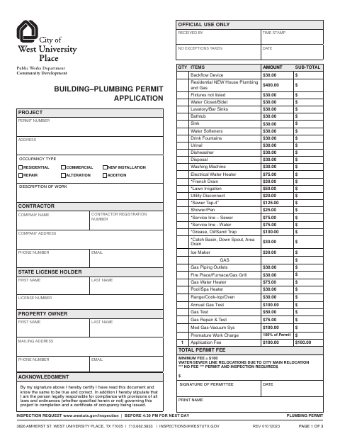 First page of the Plumbing Permit Application