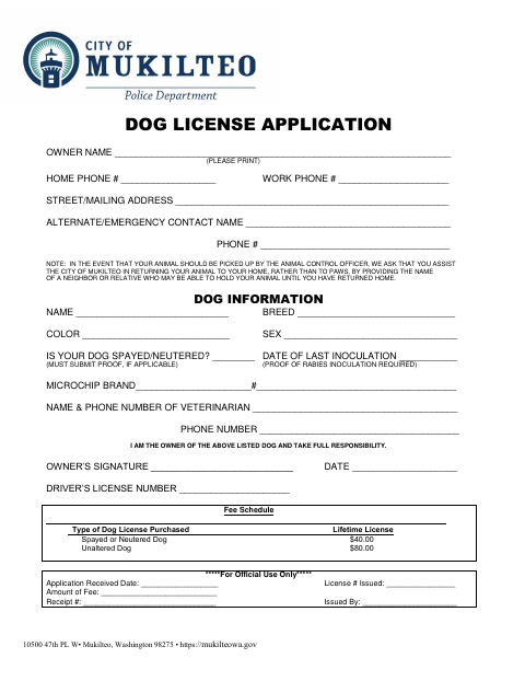 First page of the Dog License Application