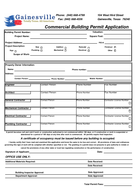 First page of the Commercial Building Permit Application
