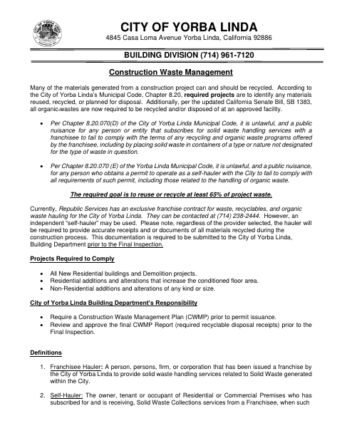 First page of the Construction Waste Management Plan