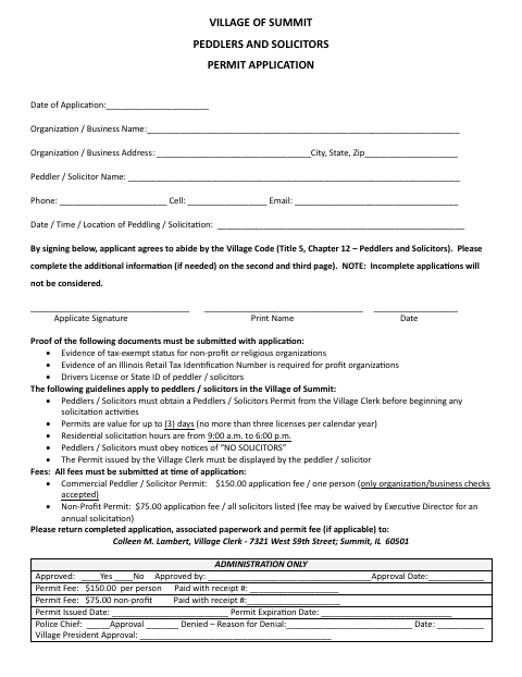 First page of the Peddlers and Solicitors Permit Application