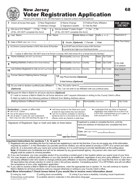 First page of the New Jersey Voter Registration Application