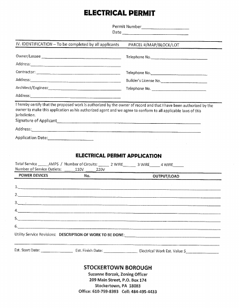 First page of the Electrical Permit Application
