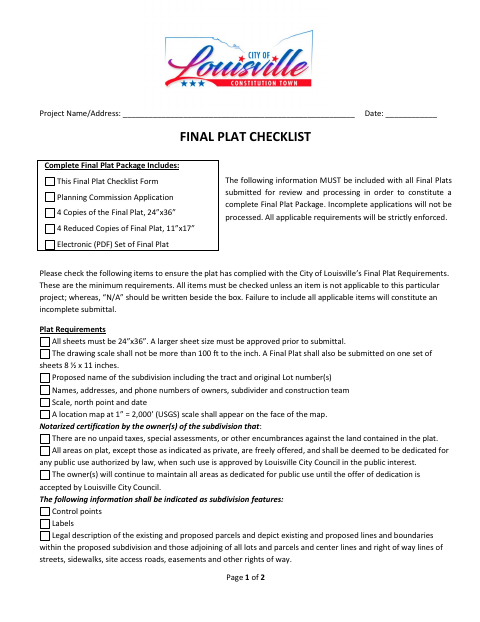 First page of the Final Plat Checklist