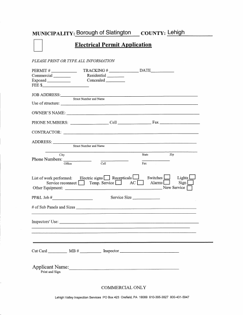 First page of the Electrical Permit Application