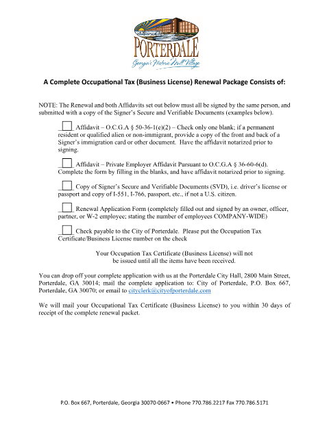 First page of the Occupational Tax (Business License) Renewal Application