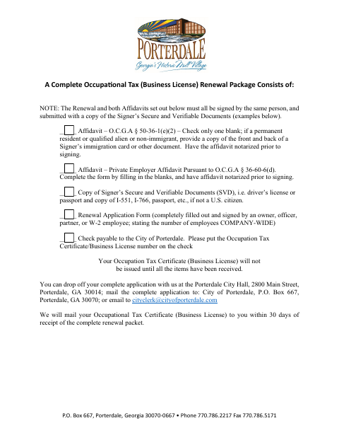 First page of the Occupational Tax (Business License) Renewal Application