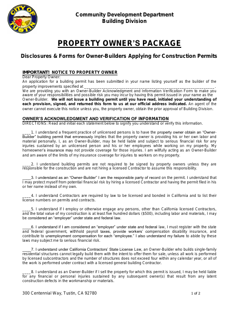 First page of the Owner-Builder Permit Application Package