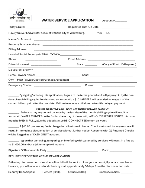 First page of the Water Service Application