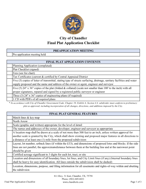 First page of the Final Plat Application Checklist 2022