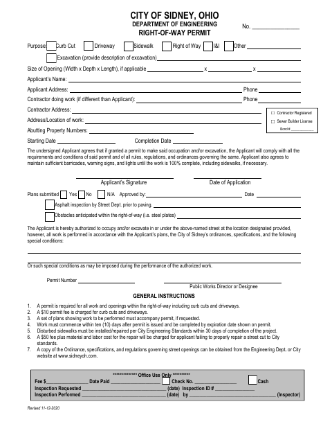 First page of the Right-of-Way Permit