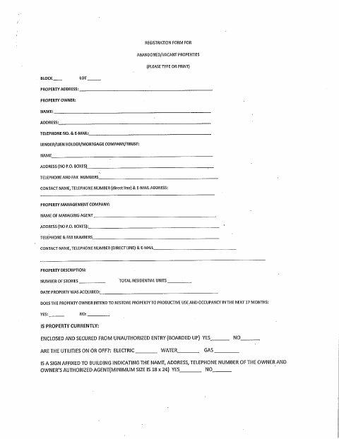 First page of the Abandoned Vacant Property Registration Form