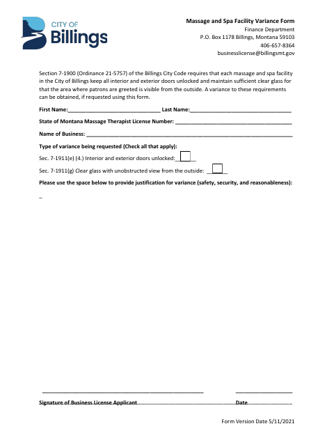 First page of the Massage and Spa Facility Variance Form
