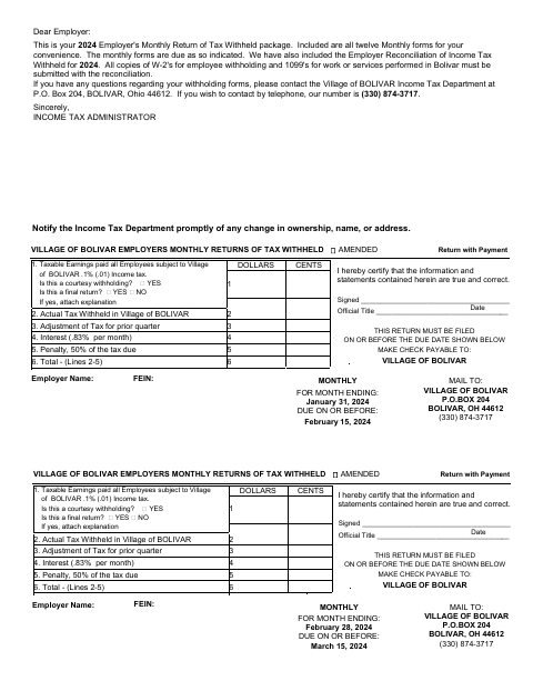 First page of the Employers Monthly Returns of Tax Withheld