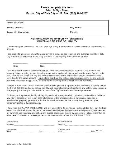 First page of the Authorization to Turn on Water Service Waiver and Release of Liability