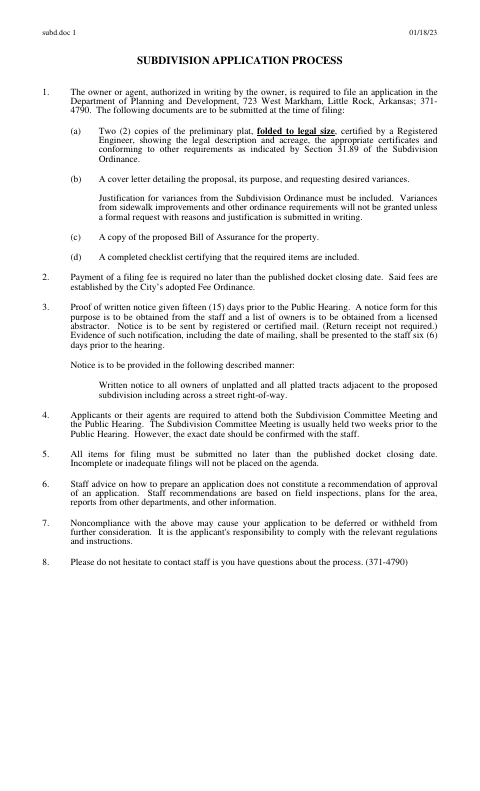 First page of the Subdivision Application